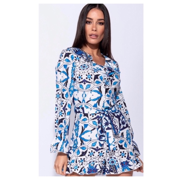 ABSTRACT TILE PRINT FRILL WASTE PLAYSUIT - Picture 6 of 8